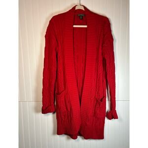 Lauren Ralph Lauren cable net long, red cardigan pocket Sz M holiday valentine